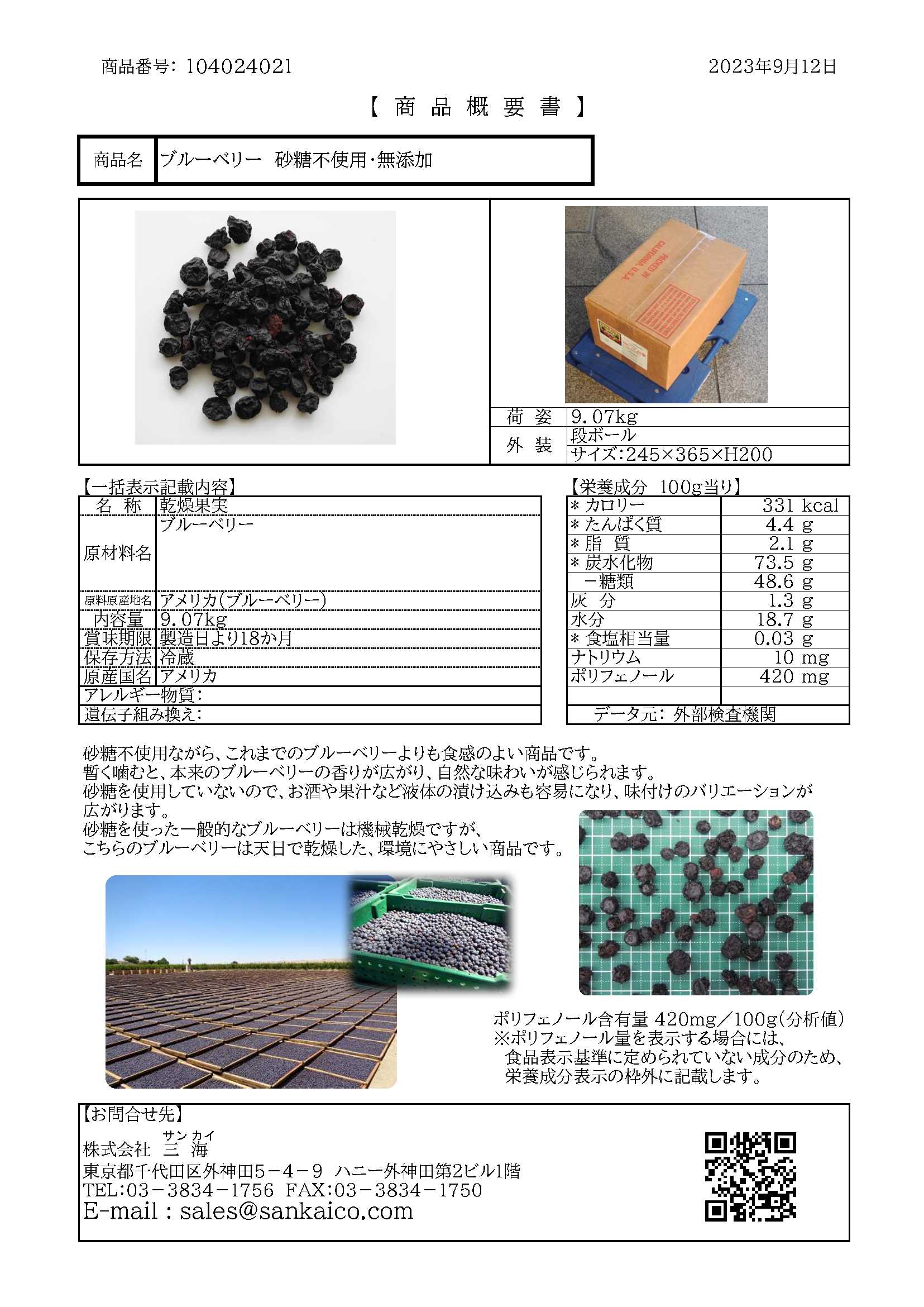 【砂糖不使用】ドライブルーベリー　９.０７Ｋg